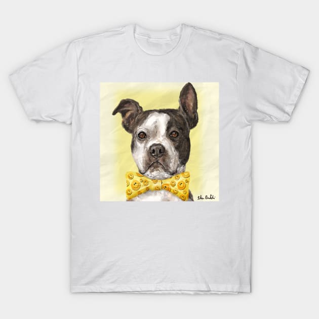 A Painting of a Boston Terrier with a Bow Tie with Smiley Pattern, Yellow Background T-Shirt by ibadishi